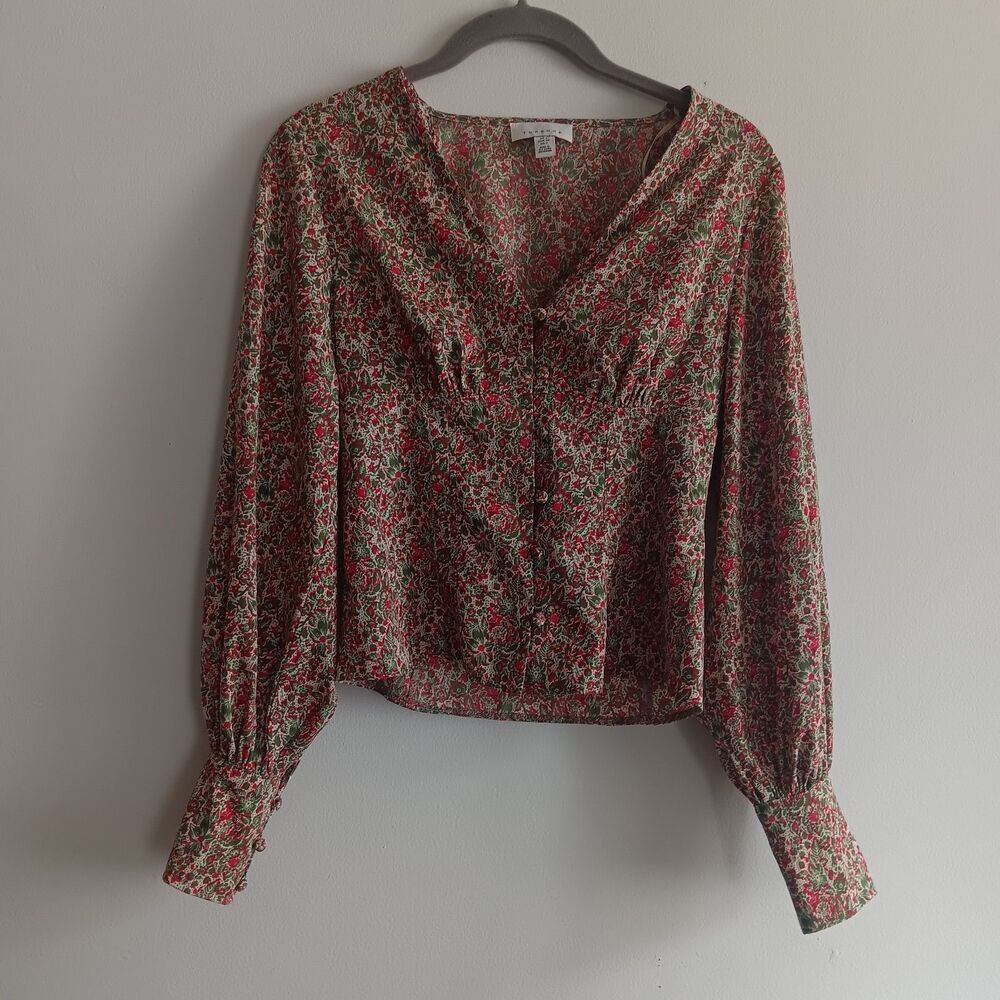 TopShop Bishop Sleeves Green Red Milkmaid Top Size 2 Coquette Dainty Feminine